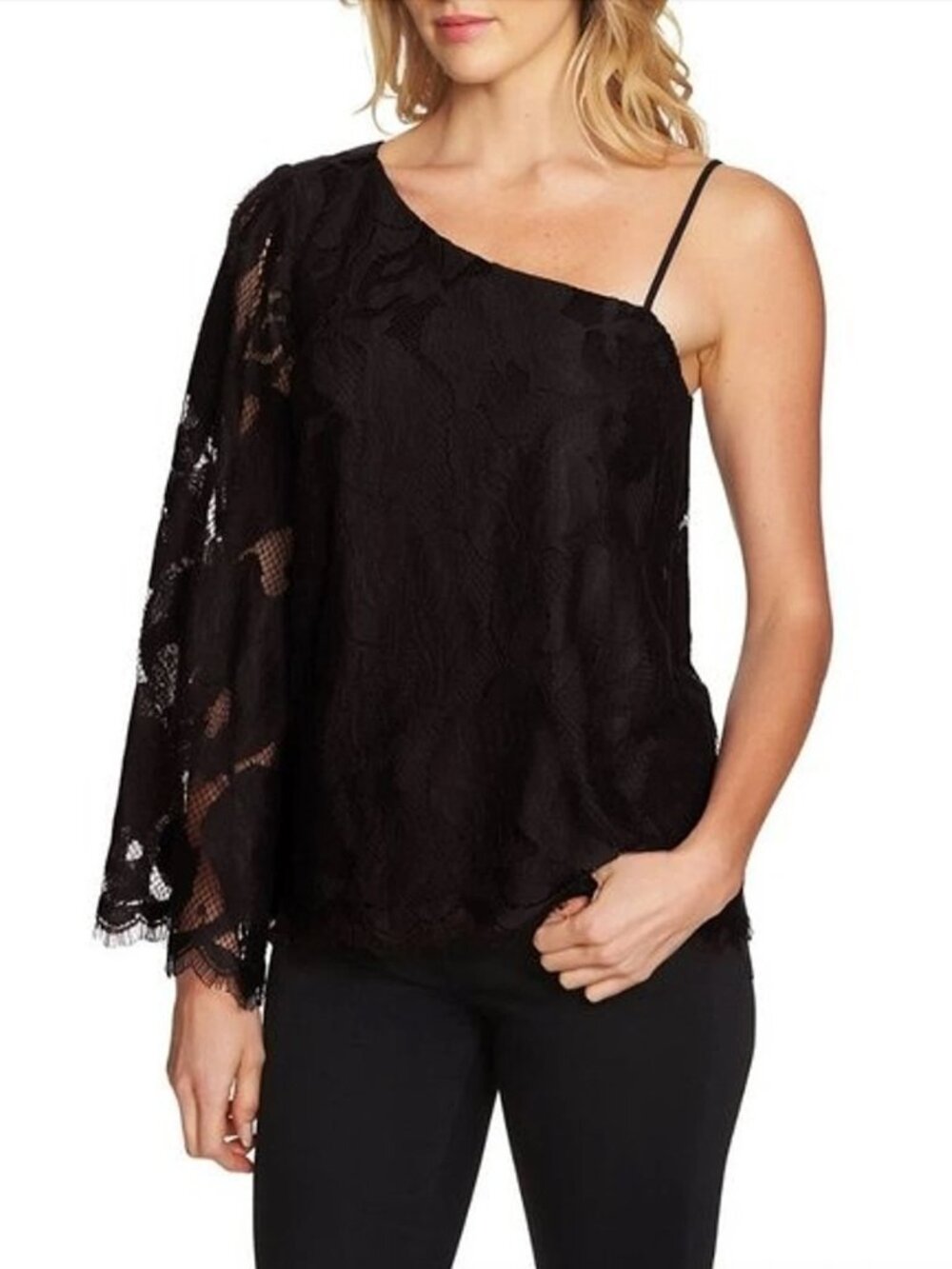 1.STATE One-Shoulder Lace Top Rich Black NWT Bell Sleeve Size M